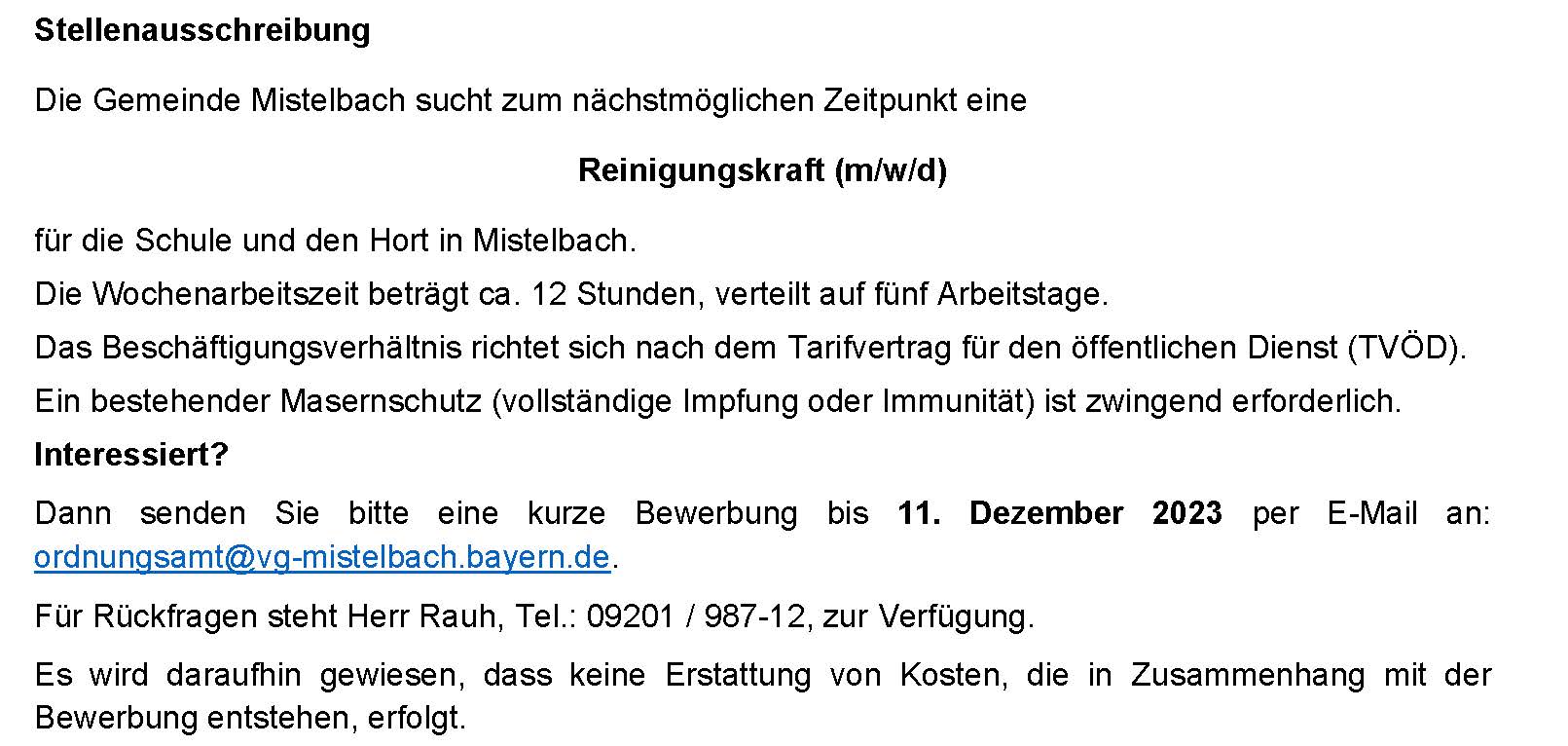Stellenausschreibung Reinigungskraft für Schule und Hort Mistelbach