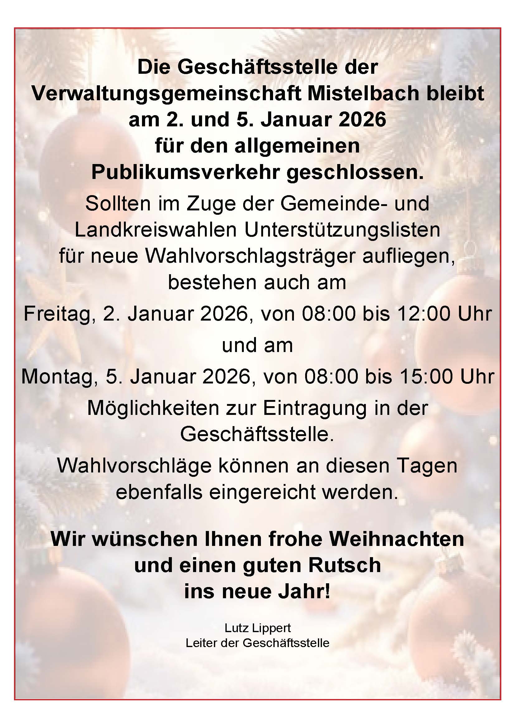 Geschäftsstelle  der Verwaltungsgemeinschaft am 2. und 5. Januar 2026 geschlossen